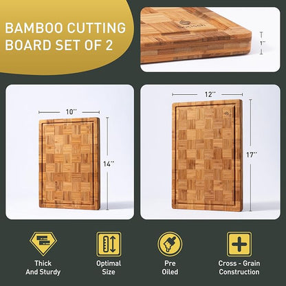 2 Pack Heavy Duty Bamboo Cutting Board Set Non Slip Over Sink Solid End Grain Thick Wood Chopping Board Extra Large Big Small Best Wooden Kitchen Essential New Home Housewarming Mother Gift