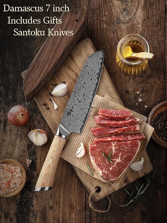 DONGSUN 7 Inch Damascus Santoku Knife with North American Black Walnut Sheath, 67-Layer VG10 Forged Steel Japanese Kitchen Knife, Professional Durable Sharpness