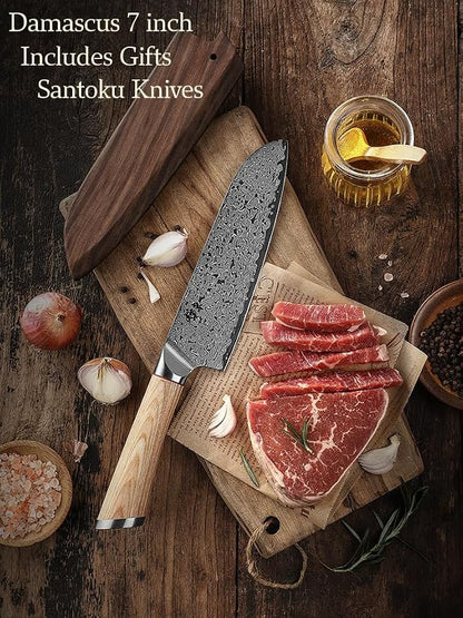 DONGSUN 7 Inch Damascus Santoku Knife with North American Black Walnut Sheath, 67-Layer VG10 Forged Steel Japanese Kitchen Knife, Professional Durable Sharpness