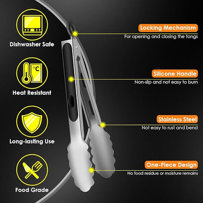 Stainless Steel Tongs for Cooking, Heat Resistant 600 Degrees Metal Kitchen Tongs with Silicone Grip, Locking Tongs for BBQ, Grilling, Serving, Salad, Dishwasher, Set of 2(9" and 12")