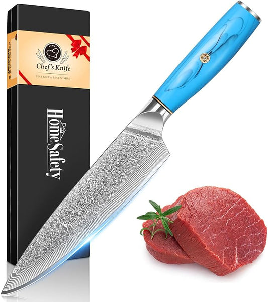 Home Safety Professional Damascus Steel Japanese Chef Knife 8 Inch Kitchen Knife VG-10 Damascus Chef's Knives – Razor Sharp Meat Cleaver with Ergonomic Natural Resin Handle Cooking Knife and Gift Box