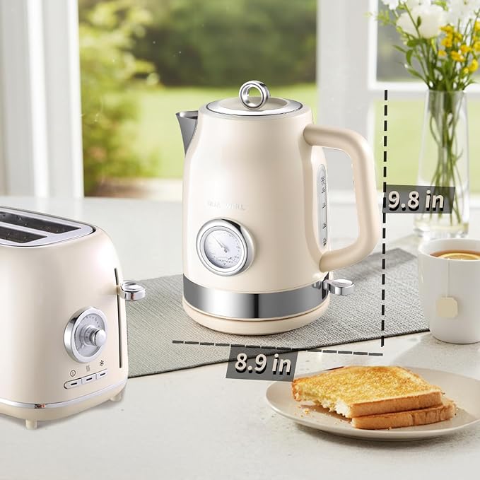 Retro Electric Kettle, 1.7L 304 Stainless Steel Tea Kettle with Temperature Gauge, 1500W Fast Boiling Water Boiler,Auto Shut-Off & Boil-Dry Protection, BPA-Free, Beige