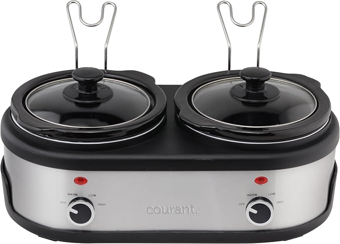 Courant 3.2-Quart Double Slow Cooker(1.6-Qt each) w/Warm Settings, Stainproof Stoneware Pots and Glass Lids – StainlessSteel