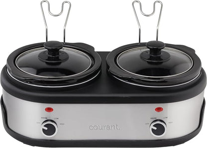 Courant 3.2-Quart Double Slow Cooker(1.6-Qt each) w/Warm Settings, Stainproof Stoneware Pots and Glass Lids – StainlessSteel