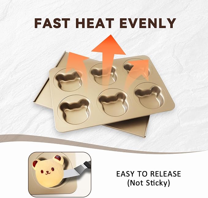6 Cup English Muffin Pan with Sliding Lid, Bear Shaped Muffin Pans, Nonstick Carbon Steel Hamburger Bun Mold, Cute Bear Muffins Tin for Donut Sandwich Quiche Pancake