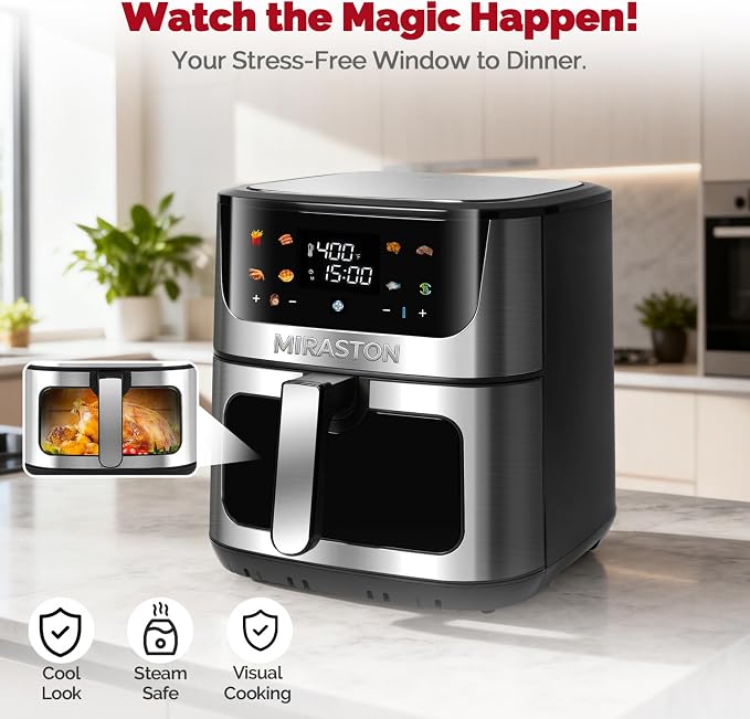 New 8.5QT Air Fryer with Color Touchscreen and 8 Presets, Large Family Size Airfryer with Visual Window for Fast Healthy Cooking, Reheat, Dishwasher Safe, Gift Box Included, Stainless Steel