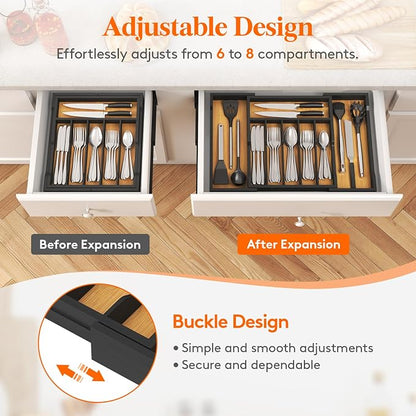 Lifewit Silverware Drawer Organizer, Expandable Utensil Tray for Kitchen, Flatware and Cutlery Holder, Wood Adjustable Storage for Spoons Forks Knives, 13-22x15/ 33-56x38cm, Natural and Black