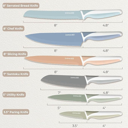 DiiHAUZZ Knife Set, 12 Pieces Kitchen Knives Set with Healthy Non-Stick Coating, Dishwasher Safe Anti-Rust Stainless Steel Knives with 6 Blade Guards, Ergonomic Handles, Ideal Gift Set