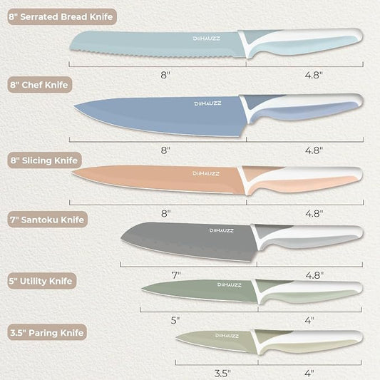 DiiHAUZZ Knife Set, 12 Pieces Kitchen Knives Set with Healthy Non-Stick Coating, Dishwasher Safe Anti-Rust Stainless Steel Knives with 6 Blade Guards, Ergonomic Handles, Ideal Gift Set