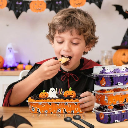 100Pack Halloween Mini Cake Pans Disposable Mini Loaf Pans with Lids and Spoons, 6.8Oz Aluminum Foil Pans Tins, Individual Dessert Cups Containers for Sales,Party,Picnics