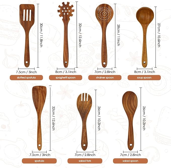 comfoyar Wooden Kitchen Cooking Utenails Set, 7 Pieces Natural Teak Wooden Spoons for Cooking with Spatula and Ladle, Heat Resistant Kitchen Cookware for Nonstick Pan