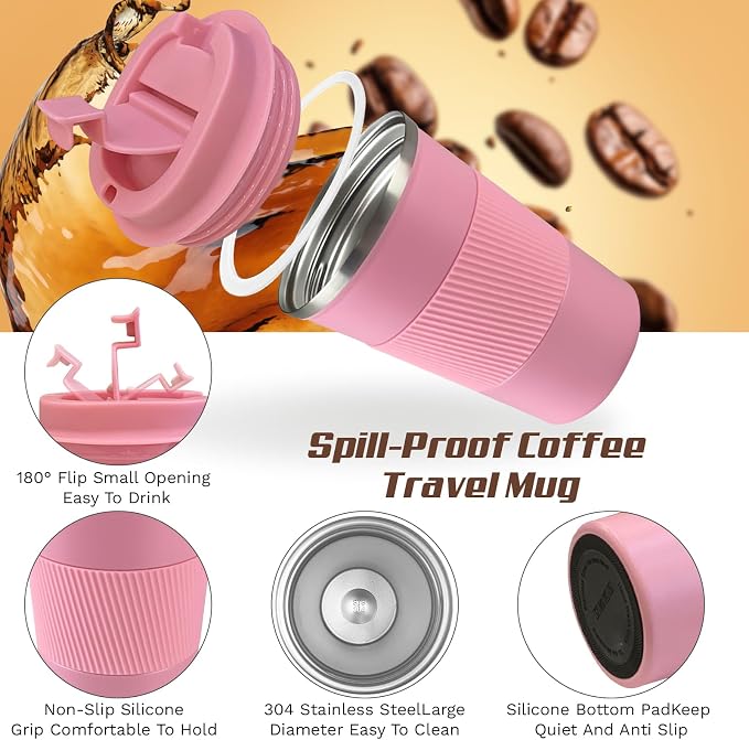 SPLMIFA Vacuum-Insulated Stainless Steel Travel Coffee Mug, Leak-Proof Reusable Coffee Cup with Lid - Keep Hot & Cold Drinks for Hours, Durable Insulated Tumbler for Men & Women(3rd-Pink, 17OZ)