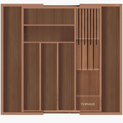 TIOPGHAD Bamboo-Silverware-Drawer-Organizer-Kitchen, Expandable Utensil Holder Cutlery Tray Flatware Organization Adjustable Wood Tableware Dividers Storage (with Removable Knife Block)(Brown)