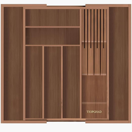 TIOPGHAD Bamboo-Silverware-Drawer-Organizer-Kitchen, Expandable Utensil Holder Cutlery Tray Flatware Organization Adjustable Wood Tableware Dividers Storage (with Removable Knife Block)(Brown)