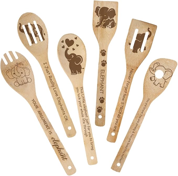 6Pcs 6 Styles Elephant Cooking Utensils for Kitchen 11.8 x 2.4 Inch Bamboo Kitchen Spoons Durable Wood Spoons Set for Housewarming Wedding Birthday Gift Farmhouse Apartment Accessories
