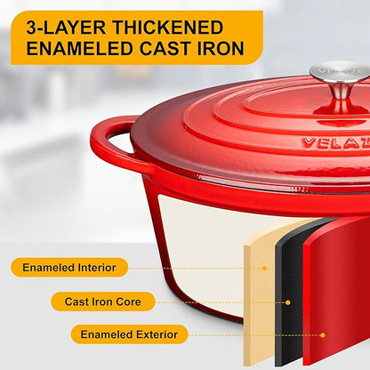 Velaze 7.5 QT Enameled Oval Dutch Oven Pot with Lid, Cast Iron Dutch Oven with Dual Handles for Bread Baking, Cooking, Frying, Non-stick Enamel Coated Cookware (RED)