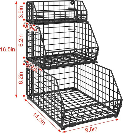 3-Tier Fruit Basket for Kitchen Counter, Stackable Wire Baskets Wall, Potato and Onion Storage Bins, Pantry Organizers, Pantry Storge and Storage for Potato, Onion, Produce, Fruit, Vegetable, Snack