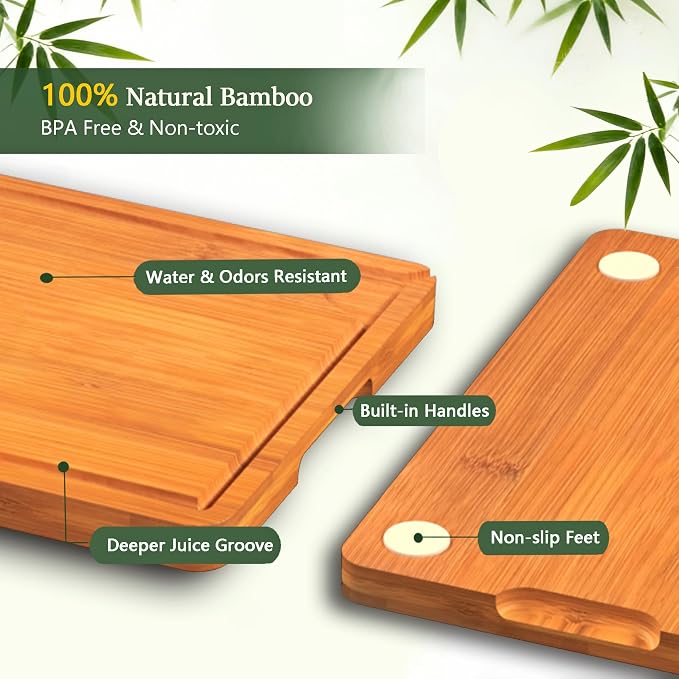 Cutting Board Set of 2,Chopping Boards for Kitchen Meal Prep,Large and X-Large Wood Cutting Boards for Meat, Vegetables and Fruit, Deep Carbonized Bamboo Boards for Daily Cooking and Small Kitchen