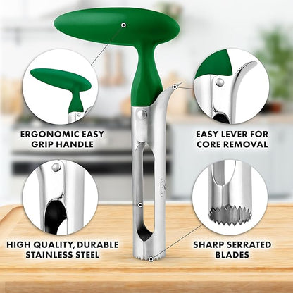 Zulay Kitchen Ultra Sharp Apple Corer Tool - Stainless Steel, Sharp & Serrated Blade Cores in Seconds - Easy to Use & Clean, Durable Apple Core Remover for Apples & Small Fruits - Green