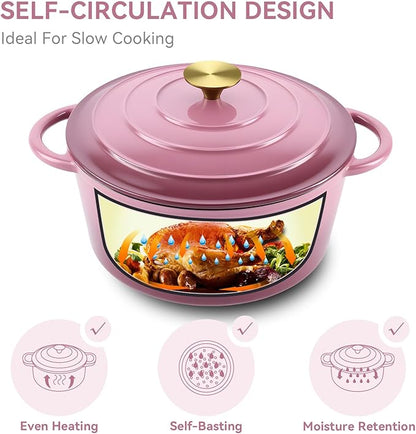 Miereirl 4.5 Quart Enameled Dutch Oven Pot with Lid, Cast Iron Dutch Oven with Dual Handles for Bread Baking, Cooking, Non-stick Enamel Coated Cookware, Rose