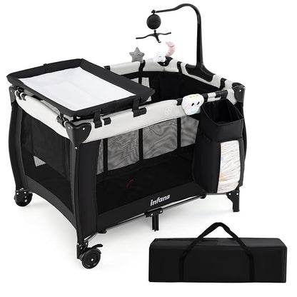 INFANS 3 in 1 Pack and Play, Portable Travel Baby Bassinet with Detachable Mattress, Changing Table, Foldable Playpen with Carry Bag, 2 Wheels (Morden)