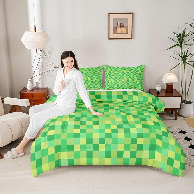 Manfei Pixelated Grid Kids Comforter Toddler Size,Miners Lattice Games Quilt Set for Kids Boys Girls Bedroom Decor,Geometric Square Blocks Bedding Set,Green Duvet Insert,1 Pillowcase