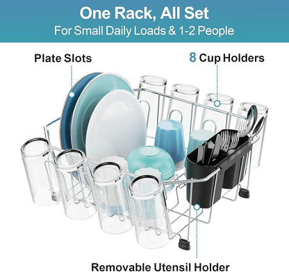 GSlife Small in Sink Dish Drying Rack - Stainless Steel Compact Dish Drainer for RV Kitchen Apartment Sink, Rust Resistant Inside Sink Rack, 1–2 Person Households, 11.6" W x 13.4" L, Silver
