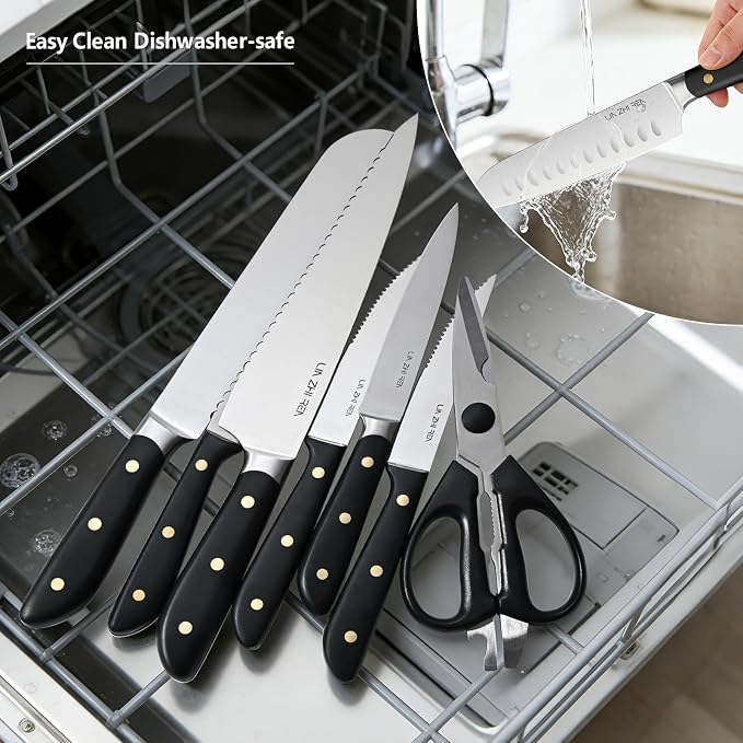 Kitchen Knife Set, 13 Pieces German Stainless Steel Knife Block Set for Chopping, Professional Chef Knife, Lightweight, Black Anti-slip Handle, Dishwasher Safe（black）