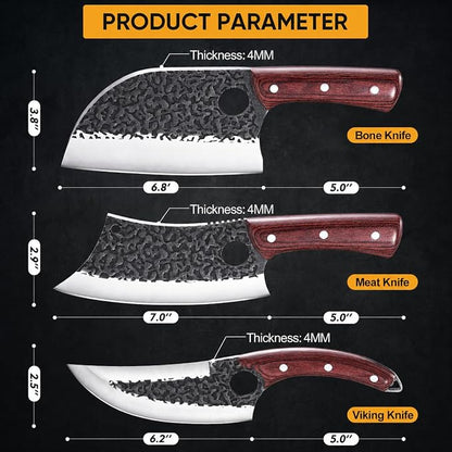 KITNATS Butcher Knife Set, 3PCS Hand Forged Meat Cleaver, Serbian Chef Knife & Viking Boning Knife for Meat Cutting, Outdoor BBQ, Camping, Kitchen Cooking, Gift for Men