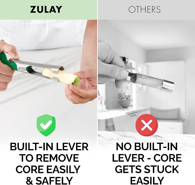Zulay Kitchen Ultra Sharp Apple Corer Tool - Stainless Steel, Sharp & Serrated Blade Cores in Seconds - Easy to Use & Clean, Durable Apple Core Remover for Apples & Small Fruits - Green