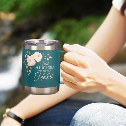 Christian Art Gifts Reusable Stainless Steel Double Wall Vacuum Insulated Camp Style Travel Mug w/Handle for Women: Trust in the Lord Inspirational Bible Verse, BPA-free Retractable Lid, Teal, 11 oz.