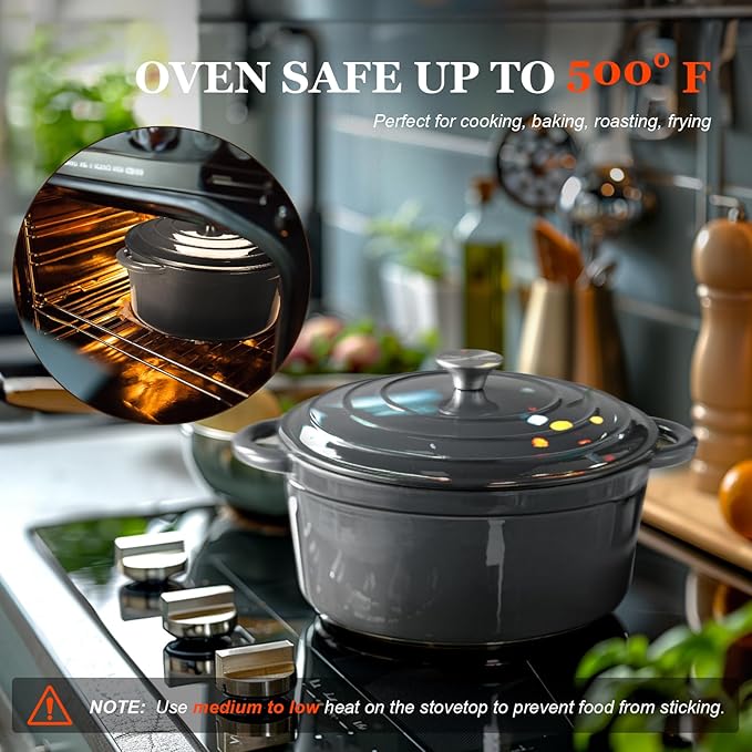 Overmont Enameled Cast Iron Dutch Oven - 7QT Pot with Lid Cookbook & Cotton Potholders - Heavy-Duty Cookware for Braising, Stews, Roasting, Sourdough Baking grey