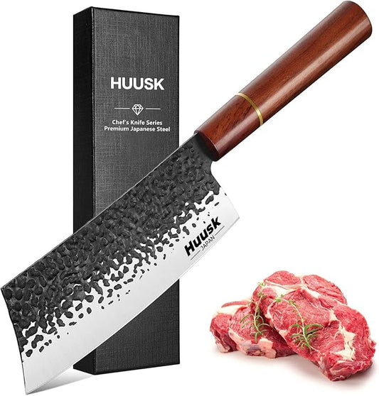 Huusk Japanese Cleaver Knife for Meat Cutting, 6.7 inch Hand Forged Chef Knife High Carbon Steel Sharp Kitchen Knives for Chopping Vegetable, Ideal Gifts for Men and Women