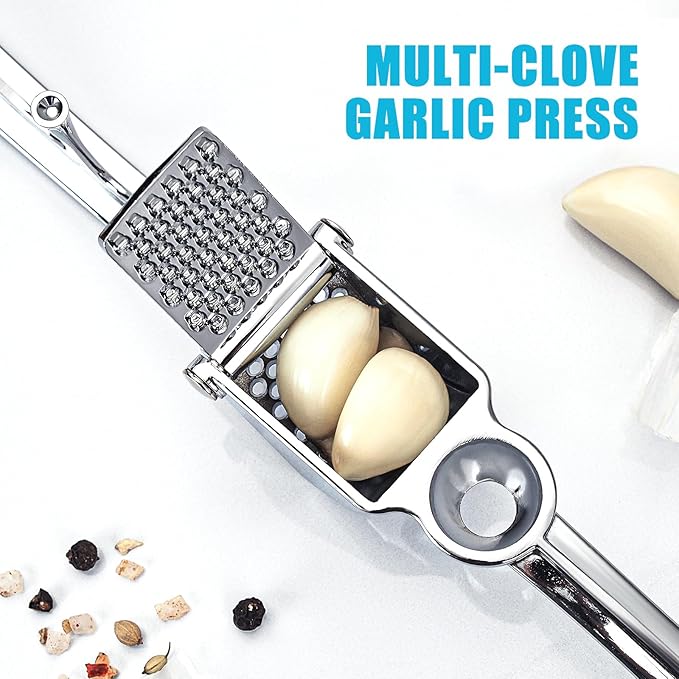 Garlic Press, Premium Metal Garlic Mincer Tool, Heavy Duty Garlic Crusher with Ergonomic Handle, Rust Proof & Dishwasher Safe, Easy to Squeeze and Clean -Silver
