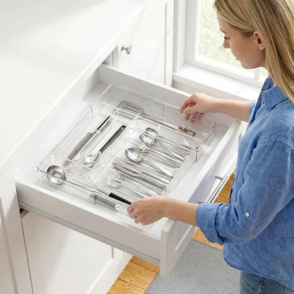 Expandable Silverware Organizer for Drawer, Clear Acrylic Utensil Organizer with Adjustable Compartments, Large Kitchen Drawer Organizer Tray for Cutlery, Flatware & Utensils Storage