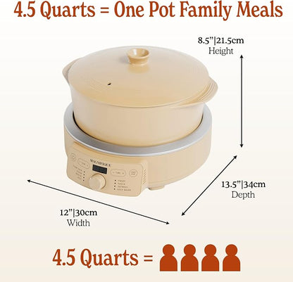 MAGNIFIQUE Slow Cooker, 4.5 Quart 8-in-1 Clay Pot Multi-Cooker, Non-Toxic Slow Cooker with Removable Clay Pot, for Rice, Pasta, Steam & Proof, Nonstick, Oven Safe Pot to 500°F, Brown