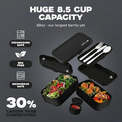 KARRICO Double Premium Bento Box Adult, 67 fl oz BPA-Free - Black Stackable Lunch Box with Leak-Proof Lids & Dividers, Perfect for Meal Prep, Lunches & Portion Control