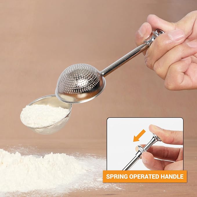 HULISEN Set of 2 Flour Duster for Baking, Powdered Sugar Shaker Duster, 18/8 Stainless Steel Pick Up and Dust Flour Sifter with Spring-operated Handle for Easy One-handed Operation