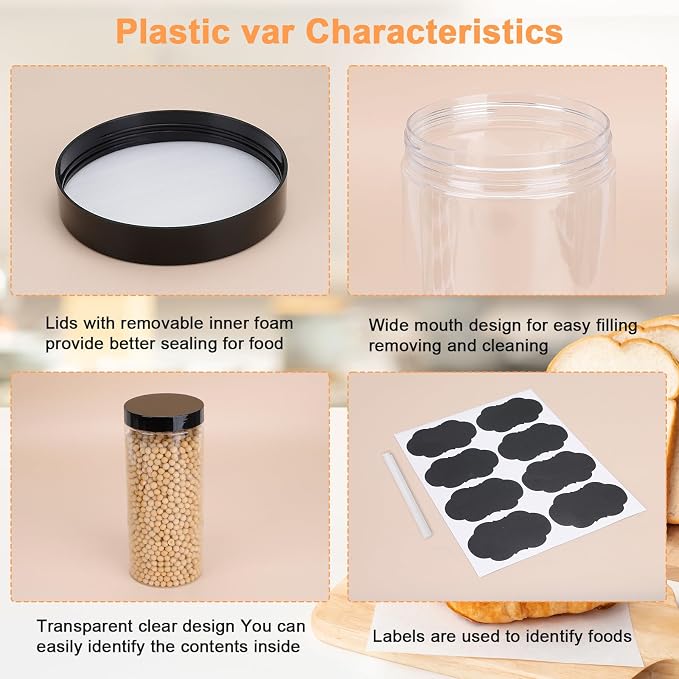 Plastic Jars with Lids,OBKJJ 20 PCS 32 OZ Large Capacity Clear Storage Containers with Leakproof Lids Reusable Empty Storage Container for Dry Food Spice Candy Cookie Household and Kitchen Organizing
