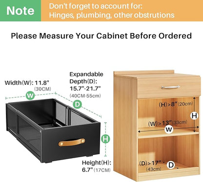 Pull out Cabinet Organizer, Expandable Depth(15.7"-21.7") with Raising Pad for Framed Cabinets, Heavy Duty Slide out Drawers, Adhesive Roll Out Shelves for Kitchen, Pantry Storage(Black, 1-Pack)