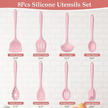 LIANYU Pink Silicone Cooking Utensils Set of 8, Non-Toxic Kitchen Utensils with Spatulas Spoons, Heat Resistant Non-Scratch Kitchen Tool, Healthy & Dishwasher Safe