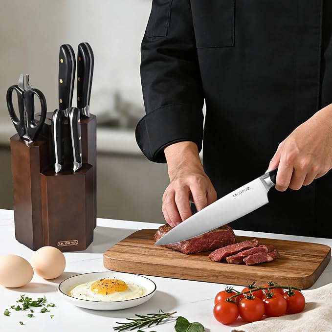 7 Piece Kitchen Knife Block Set, Stainless Steel Knives with Sharpener for Chopping, Dishwasher Safe (Black)