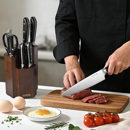 7 Piece Kitchen Knife Block Set, Stainless Steel Knives with Sharpener for Chopping, Dishwasher Safe (Black)