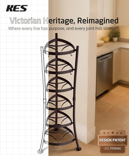 KES Oiled Bronze Freestanding Pot Rack, 6-Tier Cast Iron Cookware Stand with 6 Hooks, Pots and Pans Storage Tower for Kitchen, Stable Base, 264 Lbs Capacity, Anti-tip Strap & Floor Protectors