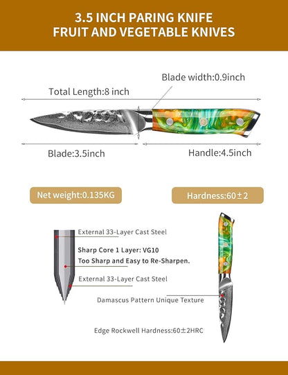 3.5 Inch Paring Knife - Fruit and Vegetable Peeling Knives, Forged Damascus Steel & Resin Handle - YAO Series