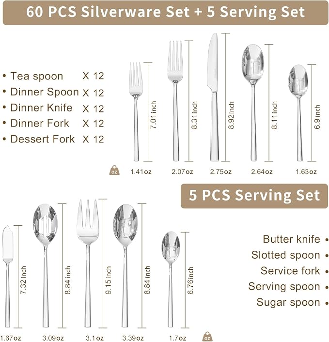 KINGSTONE 65-Piece Silverware Set with Serving Utensils, Forged Flatware Set Cutlery Set Premium Stainless Steel, Service for 12, for Home, Wedding, Party, Mirror Polished and Dishwasher Safe