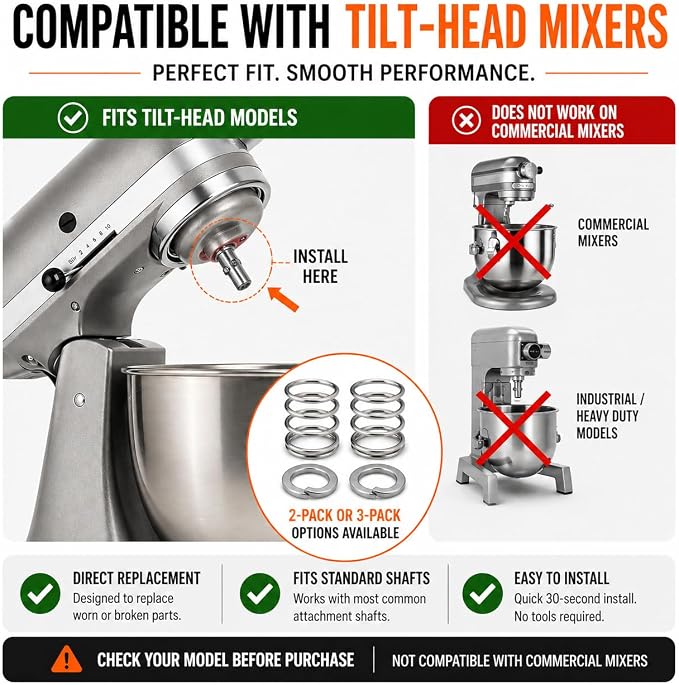 Spring & Washer Kit for KitchenAid Stand Mixers – 316 Stainless Steel Upgrade, Food-Grade Replacement for Tilt-Head & Bowl-Lift Models – Stabilizes Attachments (3 Pack)