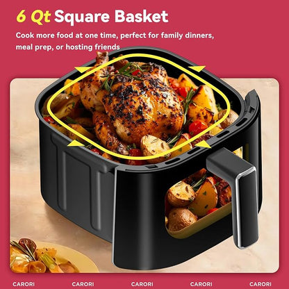 CARORI 6 Qt Dual Heat Air Fryer with Viewing Window, 14 Presets, 1700W, No-Flip Top and Bottom Heating, 392°F Max, Nonstick Dishwasher-Safe Basket, Black