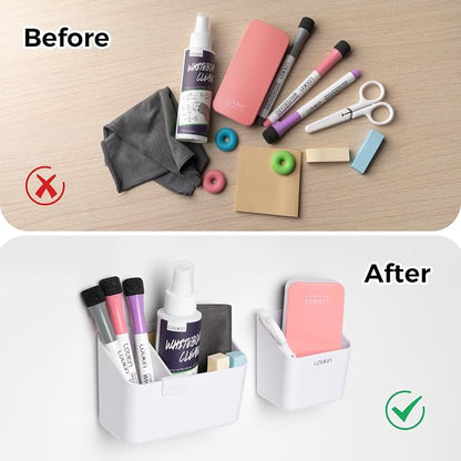 loukin Magnetic & Adhesive Dry Erase Marker Holder with Divider, 1 Small + 1 Mini, Magnetic Storage Organizer for Whiteboard or Refrigerators (White)