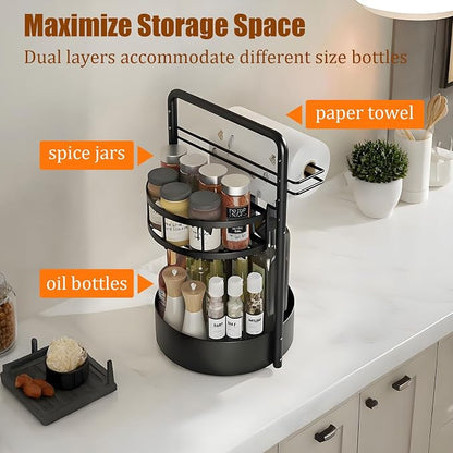 JEESA Rotating Spice Rack with Paper Towel Holder, Black | 2 Tier Lazy Susan, Sturdy Iron, Seasoning Organizer, Kitchen Countertop